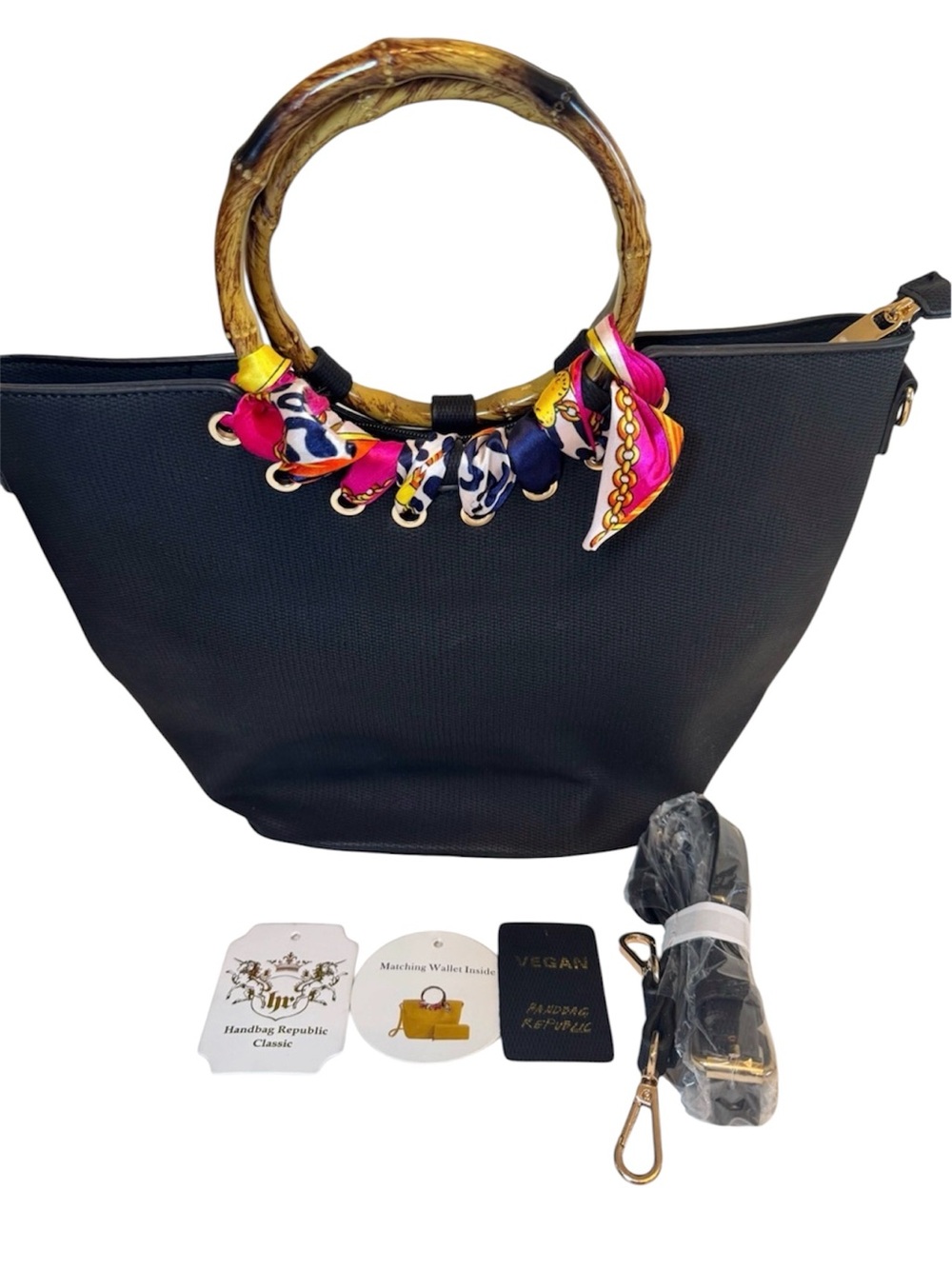 Vegan leather Black Tote with Bamboo Handles and Pink Scarf Detail